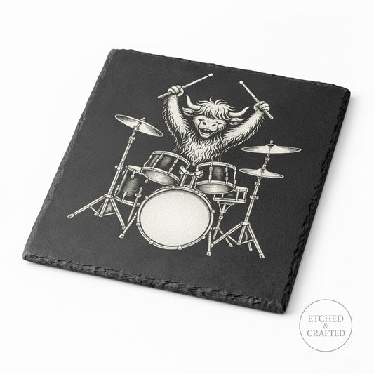 Rock Highland Cow Slate Coaster – Hamish the Drummer