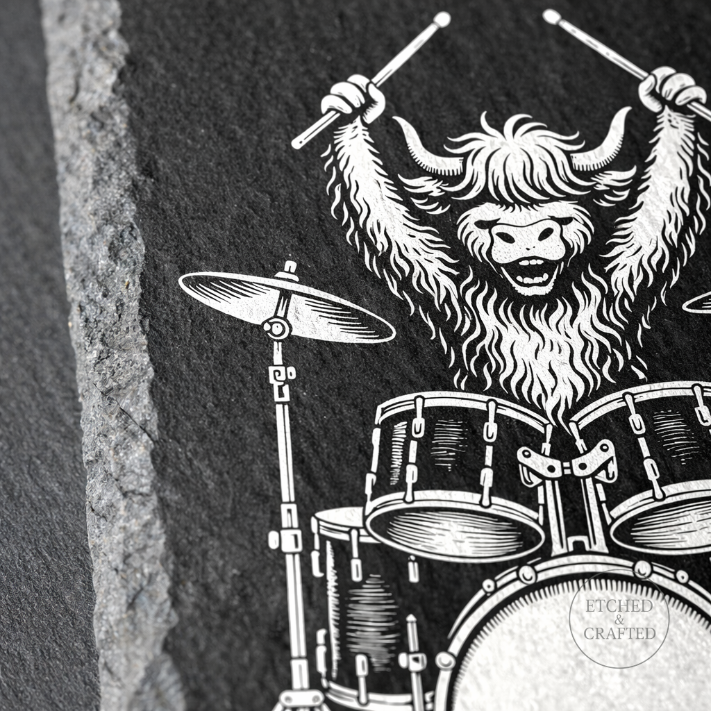 Rock Highland Cow Slate Coaster – Hamish the Drummer