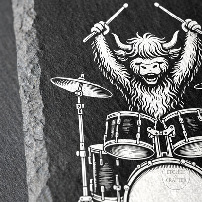 Rock Highland Cow Slate Coaster – Hamish the Drummer
