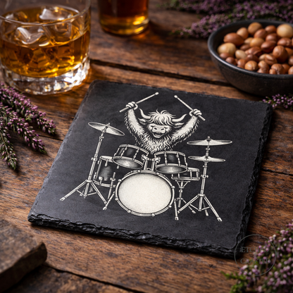 Rock Highland Cow Slate Coaster – Hamish the Drummer