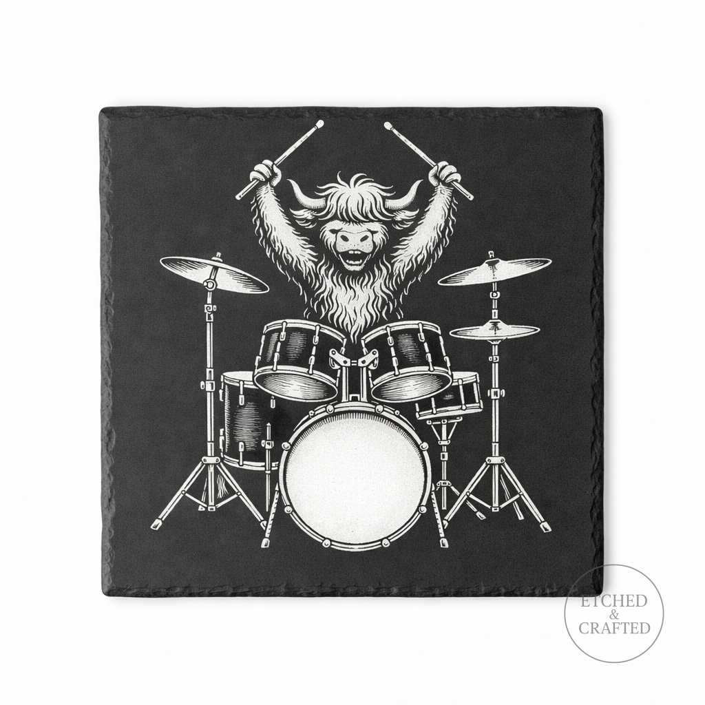 Rock Highland Cow Slate Coaster – Hamish the Drummer