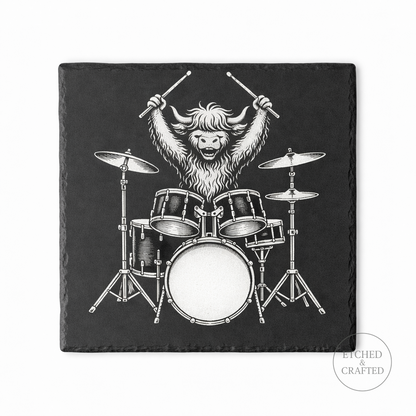 Rock Highland Cow Slate Coaster – Hamish the Drummer