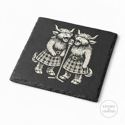 Rock Highland Cow Slate Coaster – Isla & Skye Backing Vocal Duo | Etched & Crafted