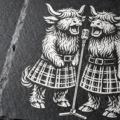 Rock Highland Cow Slate Coaster – Isla & Skye Backing Vocal Duo | Etched & Crafted