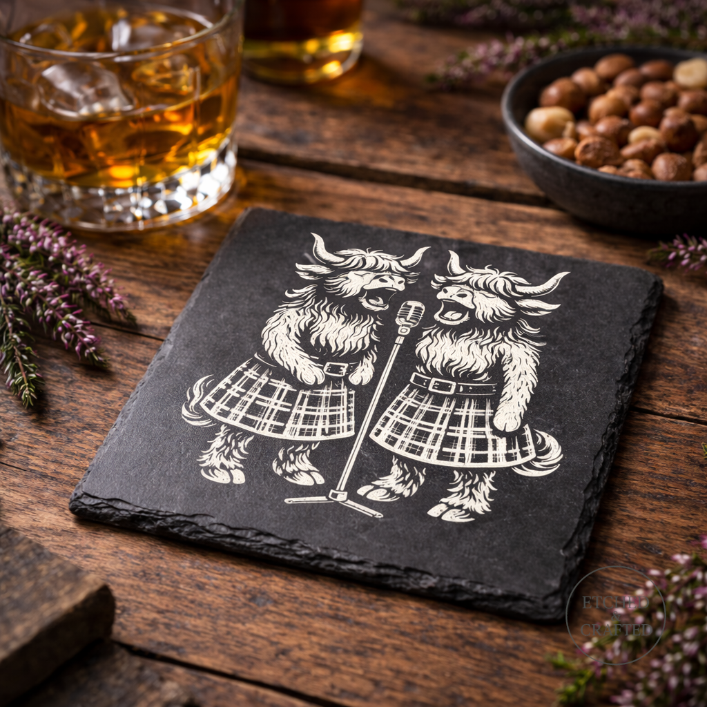 Rock Highland Cow Slate Coaster – Isla & Skye Backing Vocal Duo | Etched & Crafted