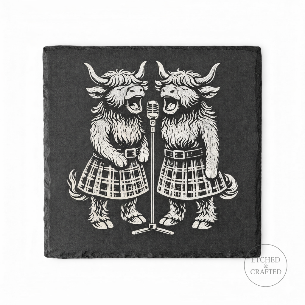 Rock Highland Cow Slate Coaster – Isla & Skye Backing Vocal Duo | Etched & Crafted