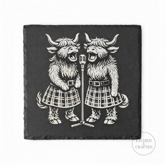 Rock Highland Cow Slate Coaster – Isla & Skye Backing Vocal Duo | Etched & Crafted