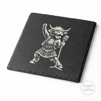 Rock Highland Cow Slate Coaster – Lachlan the Lead Singer