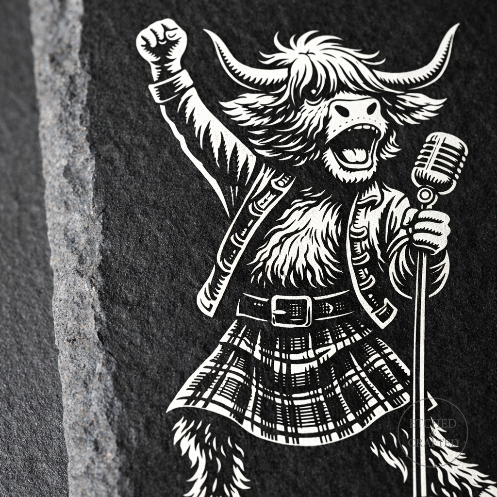 Rock Highland Cow Slate Coaster – Lachlan the Lead Singer
