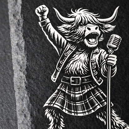 Rock Highland Cow Slate Coaster – Lachlan the Lead Singer