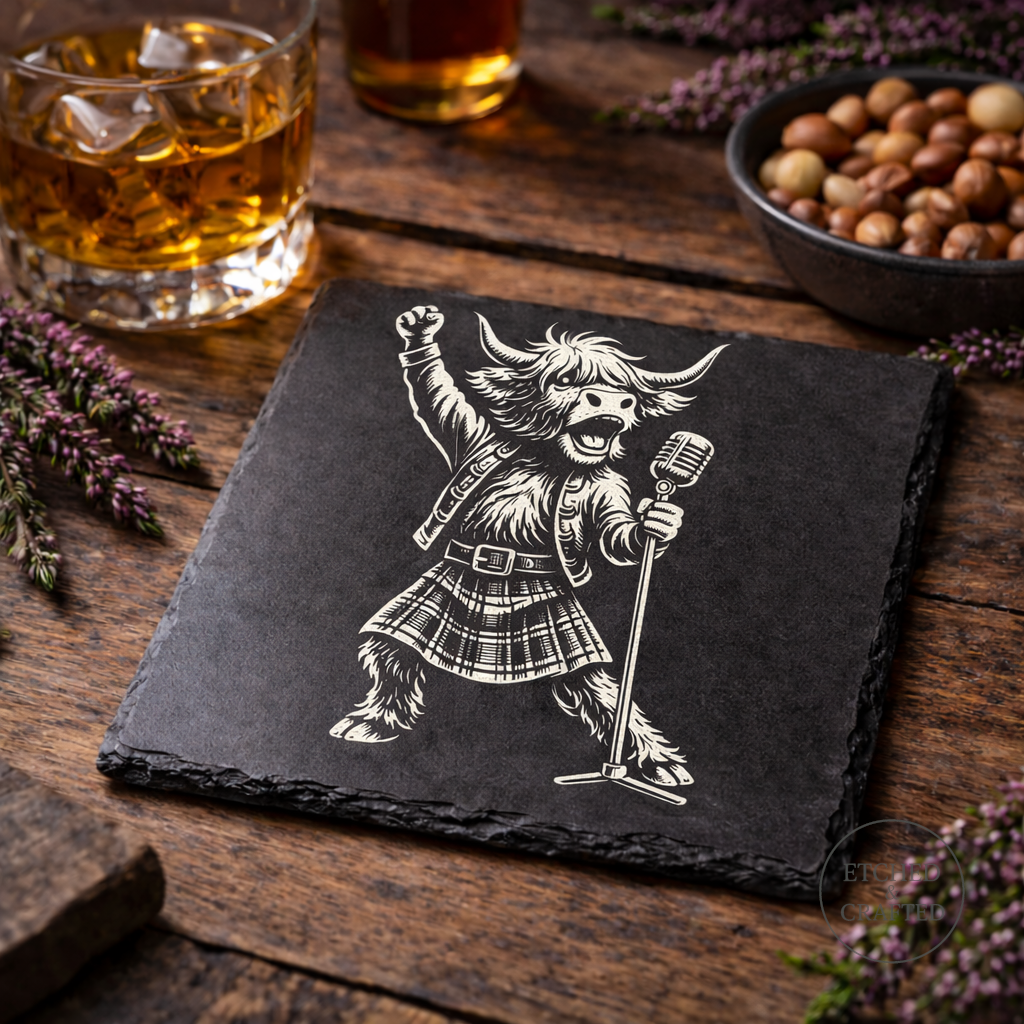 Rock Highland Cow Slate Coaster – Lachlan the Lead Singer
