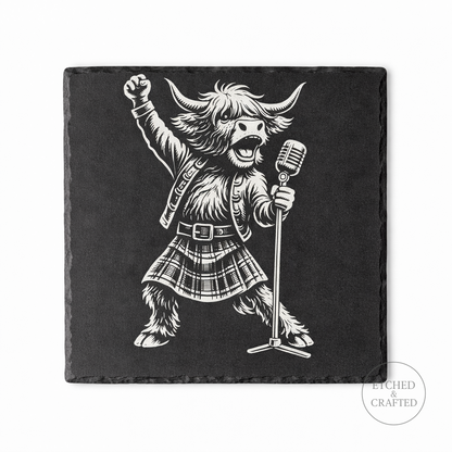 Rock Highland Cow Slate Coaster – Lachlan the Lead Singer