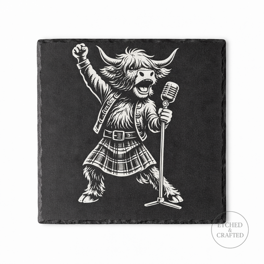 Rock Highland Cow Slate Coaster – Lachlan the Lead Singer