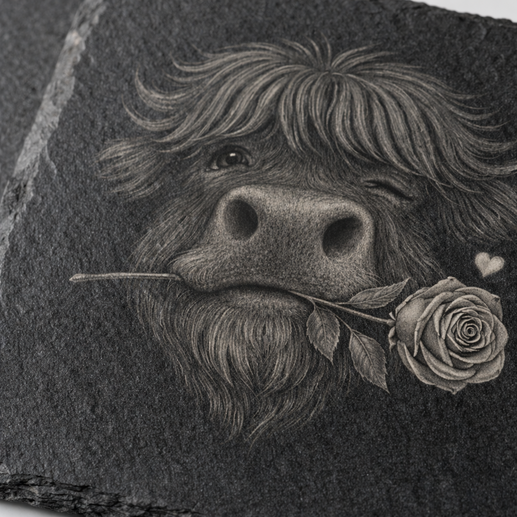 Highland Cow With Rose – Romantic Slate Coaster (100×100 mm)