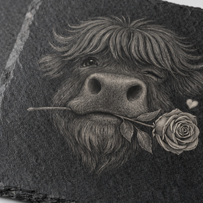 Highland Cow With Rose – Romantic Slate Coaster (100×100 mm)