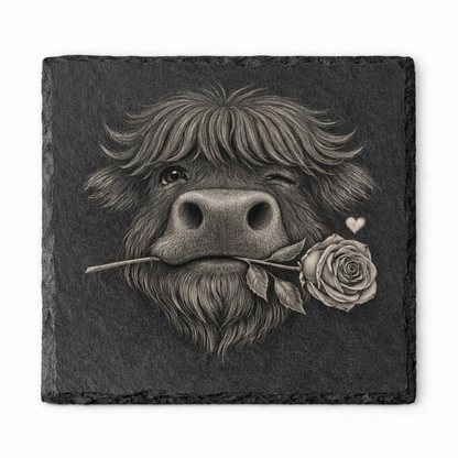 Highland Cow With Rose – Romantic Slate Coaster (100×100 mm)