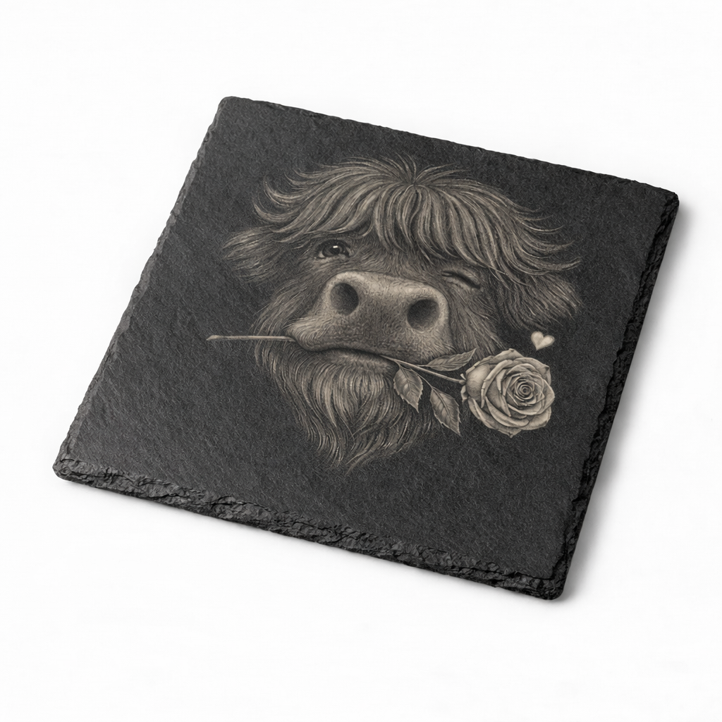 Highland Cow With Rose – Romantic Slate Coaster (100×100 mm)
