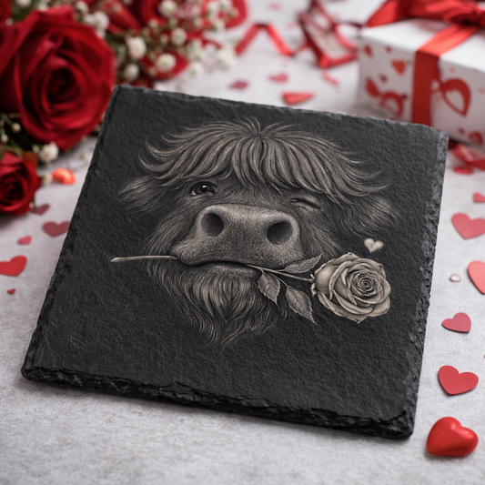 Highland Cow With Rose – Romantic Slate Coaster (100×100 mm)