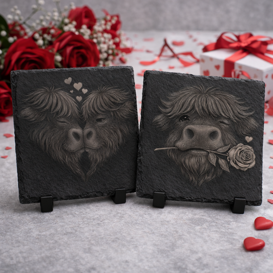 Highland Cow Valentine Slate Coaster Set (2-Pack)