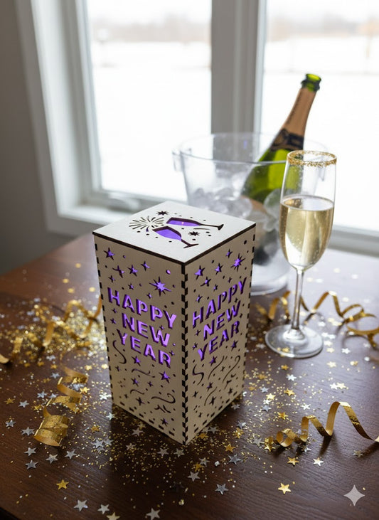 Happy New Year Wooden Lantern – Multi-Colour LED Light | Handcrafted Celebration Decor