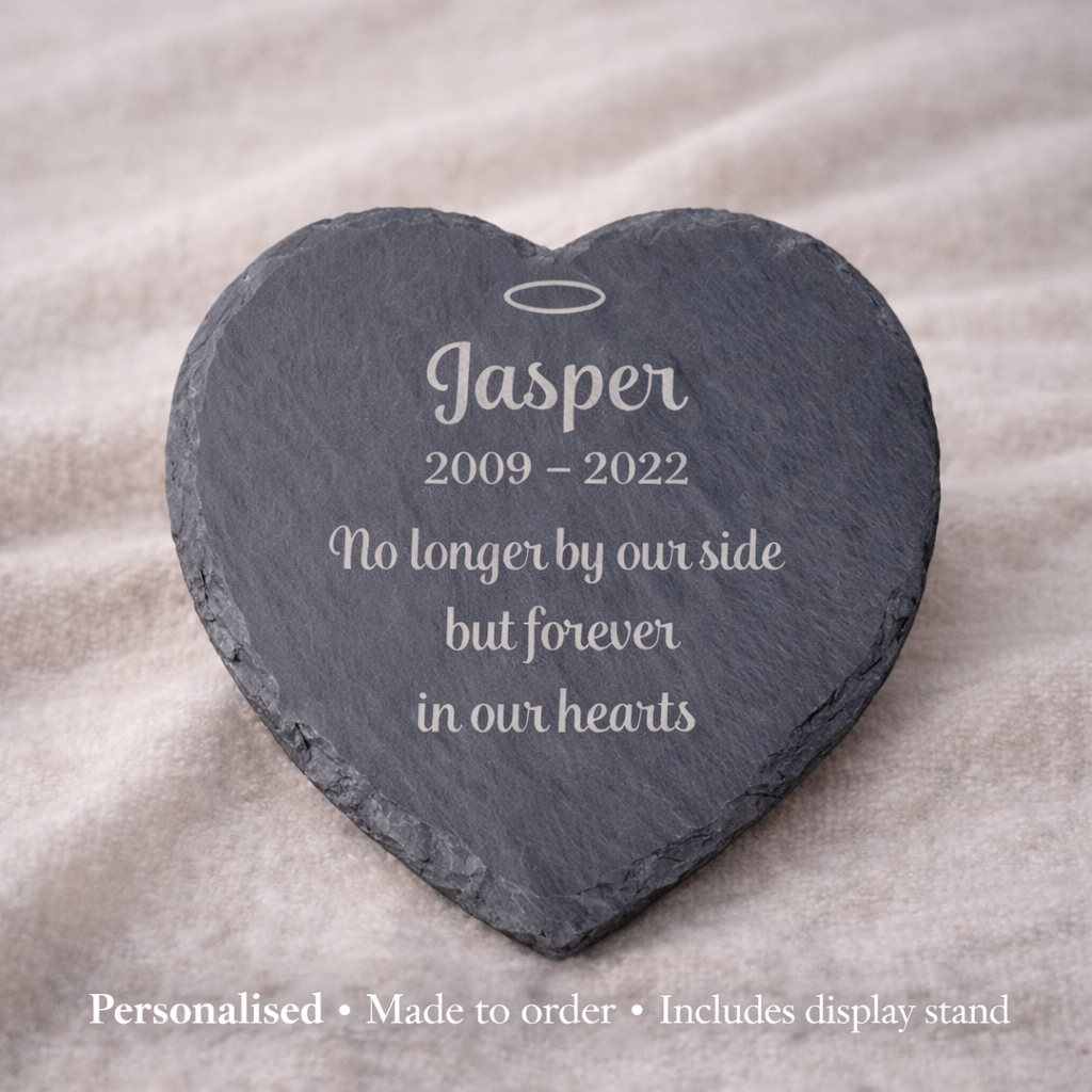 Personalised Pet Memorial Slate Heart – 100 × 100 mm