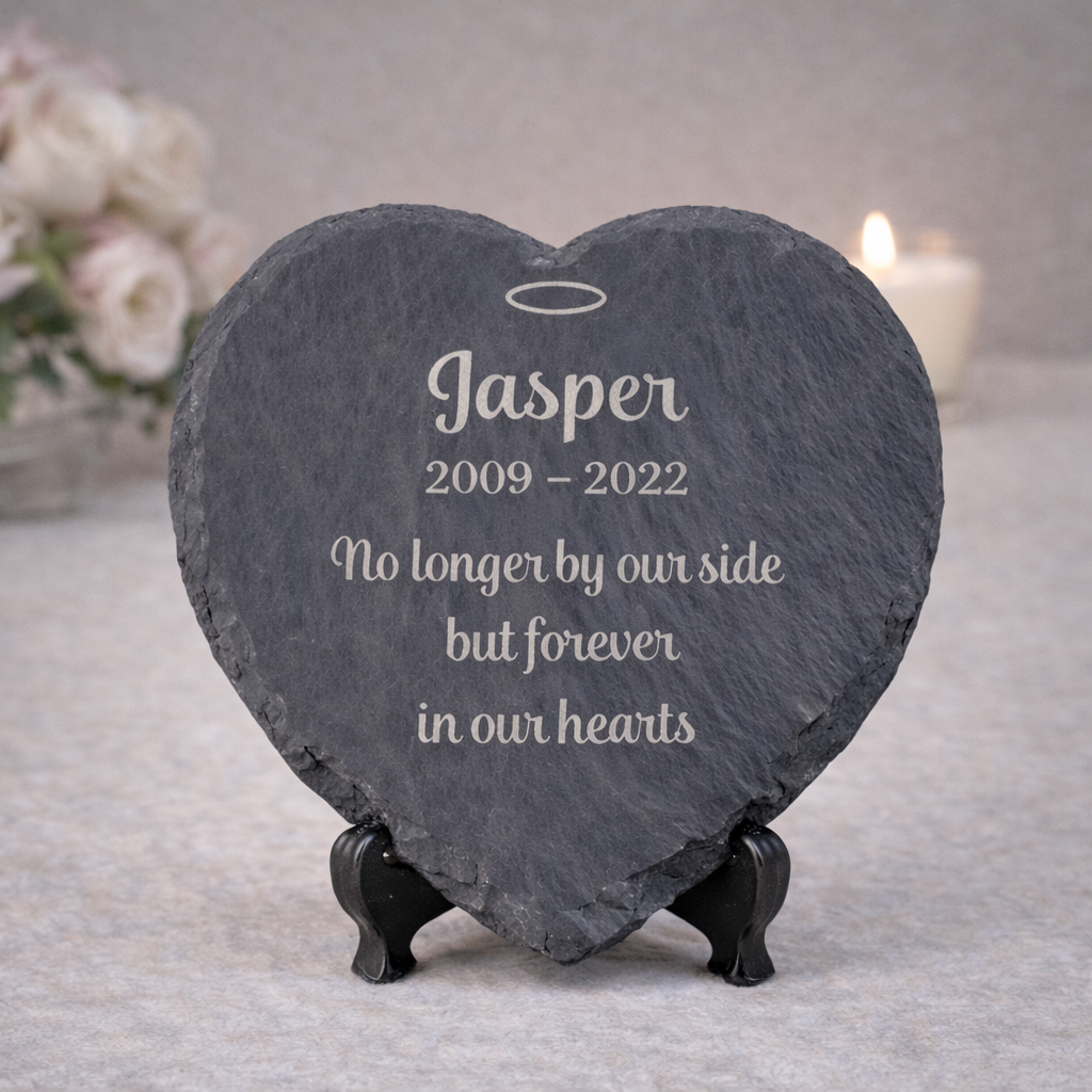 Personalised Pet Memorial Slate Heart – 100 × 100 mm