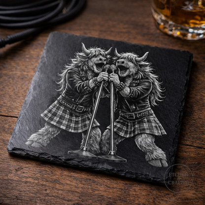 Rock Highland Cow Slate Coaster – Isla & Skye Backing Vocal Duo | Etched & Crafted