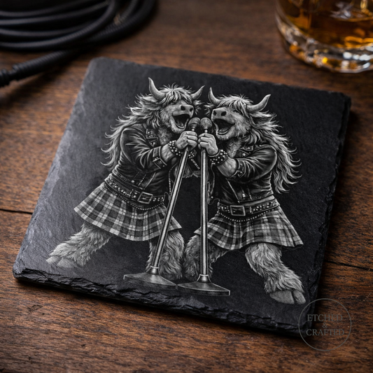 Rock Highland Cow Slate Coaster – Isla & Skye Backing Vocal Duo | Etched & Crafted