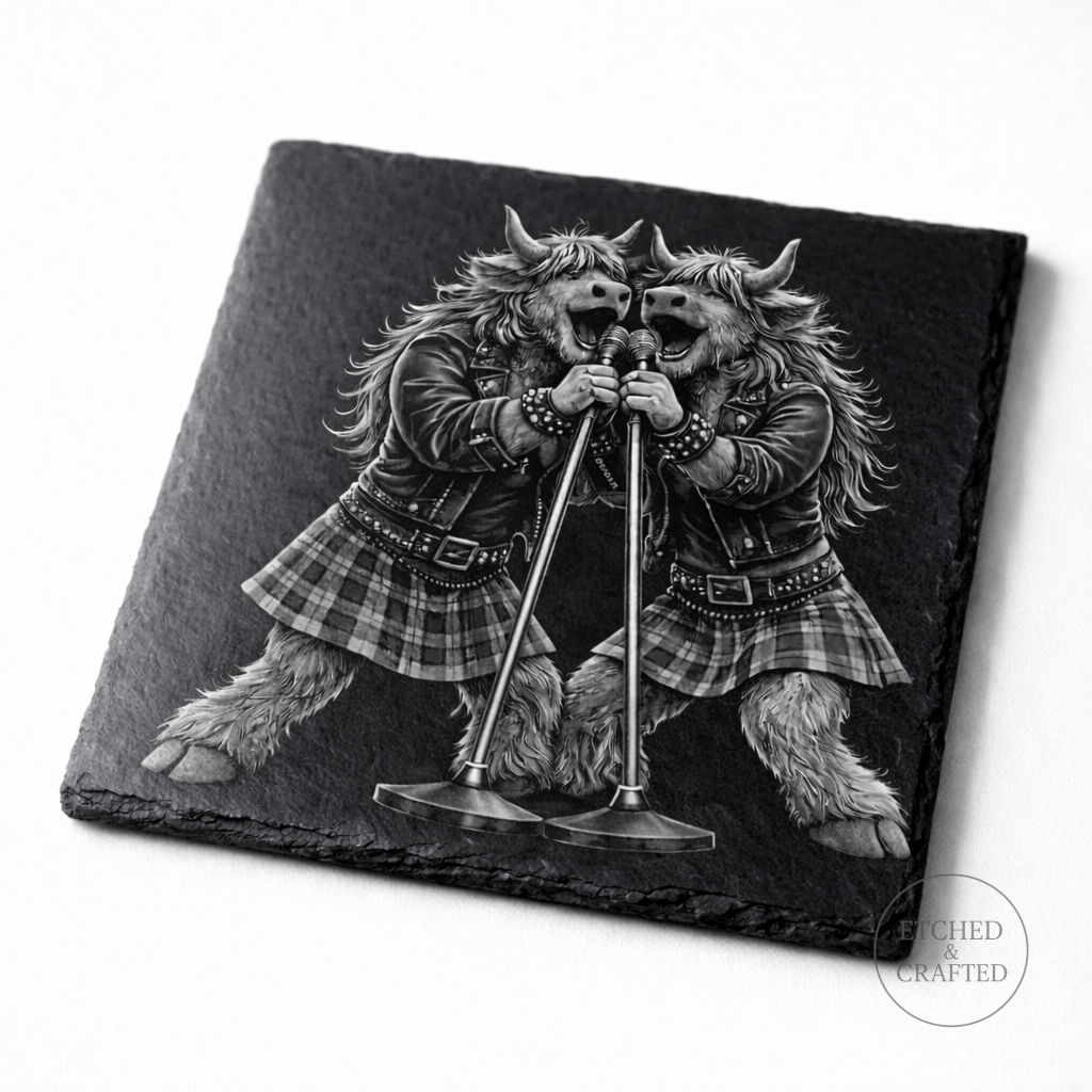 Rock Highland Cow Slate Coaster – Isla & Skye Backing Vocal Duo | Etched & Crafted