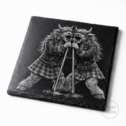 Rock Highland Cow Slate Coaster – Isla & Skye Backing Vocal Duo | Etched & Crafted