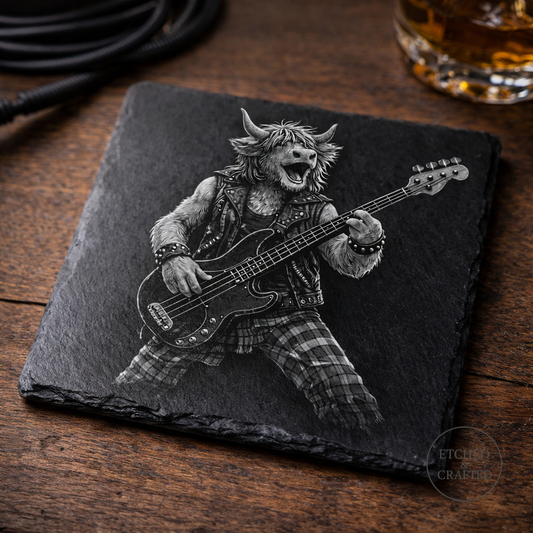 Rock Highland Cow Slate Coaster – Callum the Bassist