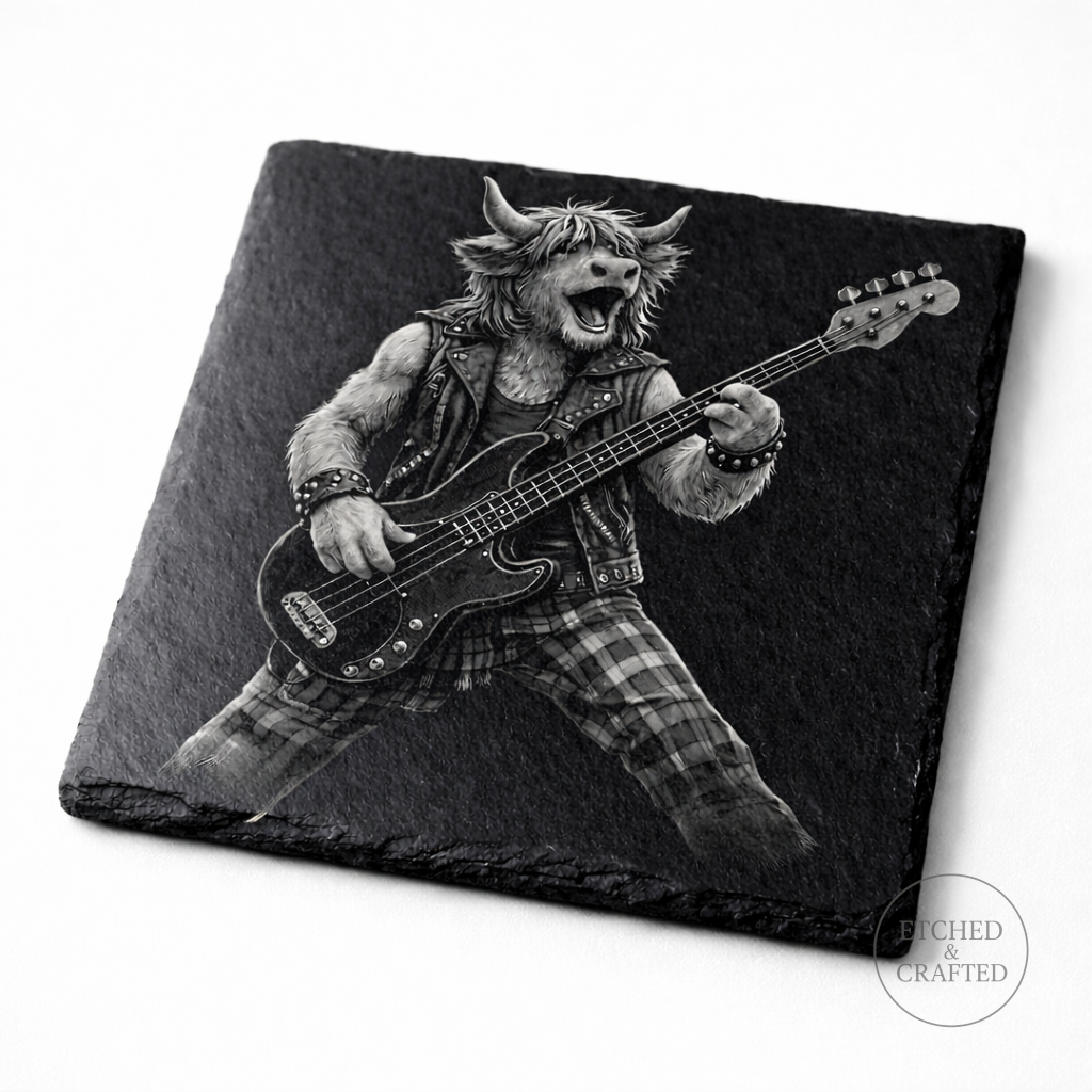 Rock Highland Cow Slate Coaster – Callum the Bassist