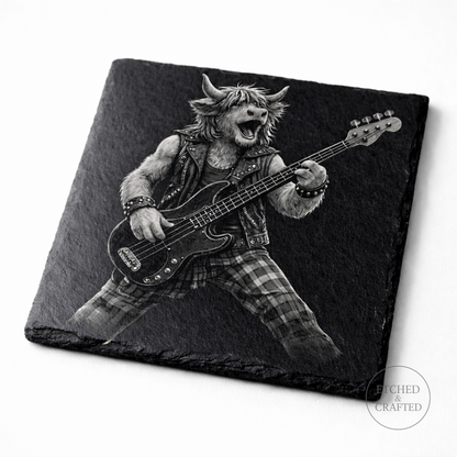 Rock Highland Cow Slate Coaster – Callum the Bassist