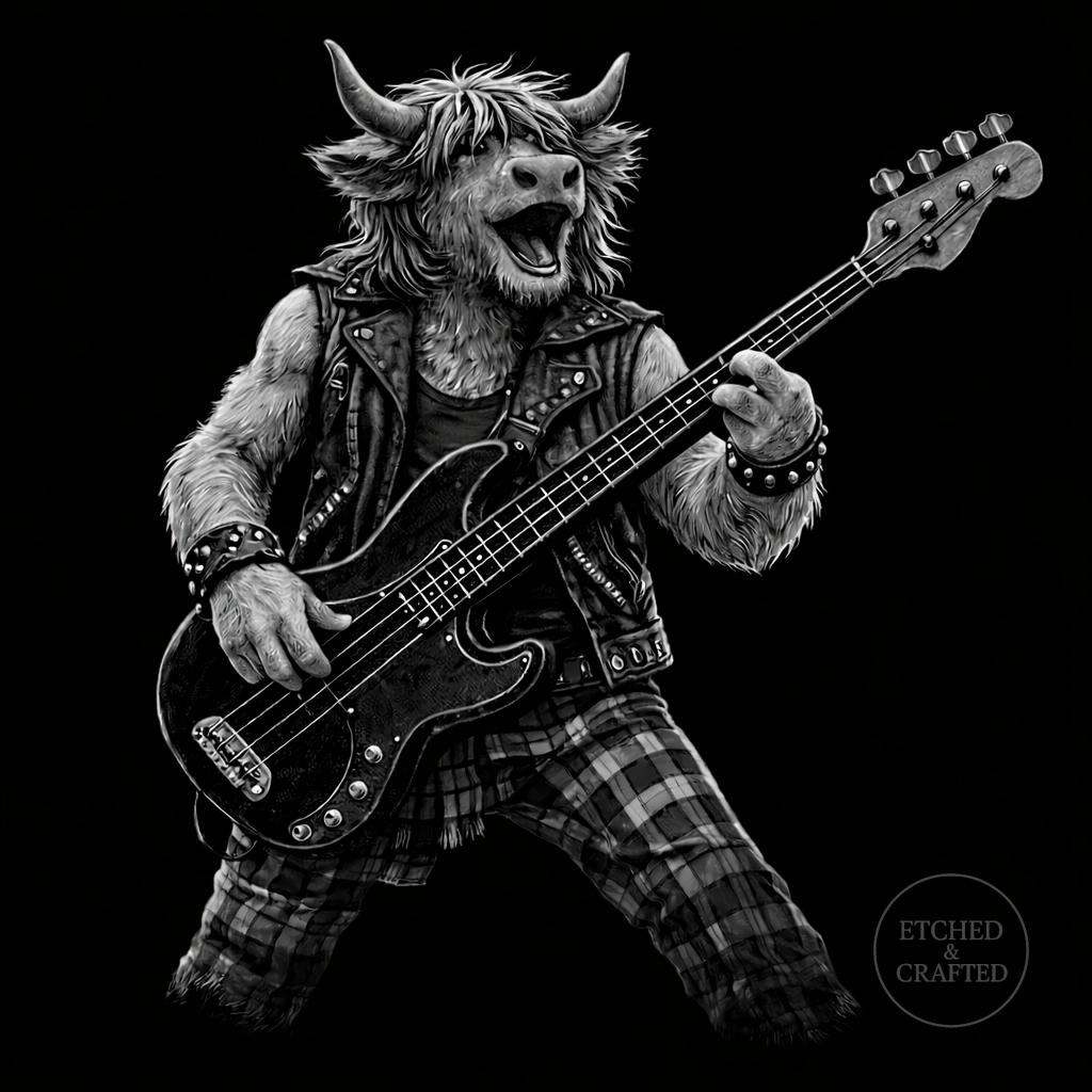 Rock Highland Cow Slate Coaster – Callum the Bassist