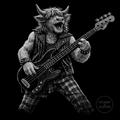 Rock Highland Cow Slate Coaster – Callum the Bassist
