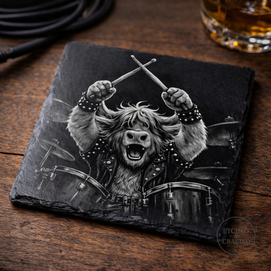 Rock Highland Cow Slate Coaster – Hamish the Drummer