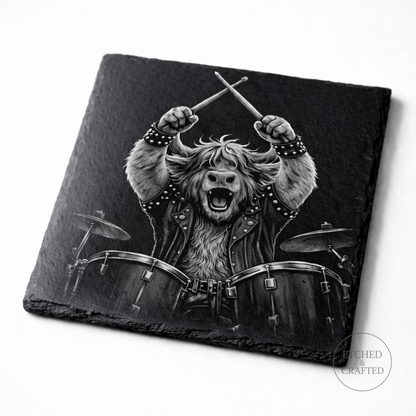 Rock Highland Cow Slate Coaster – Hamish the Drummer