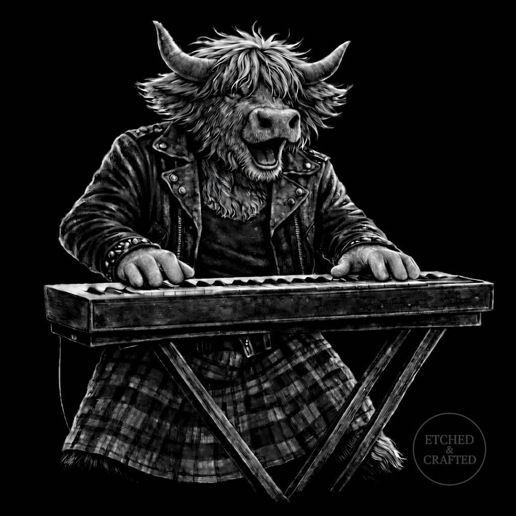 Rock Highland Cow Slate Coaster – Fraser the Keyboard Player
