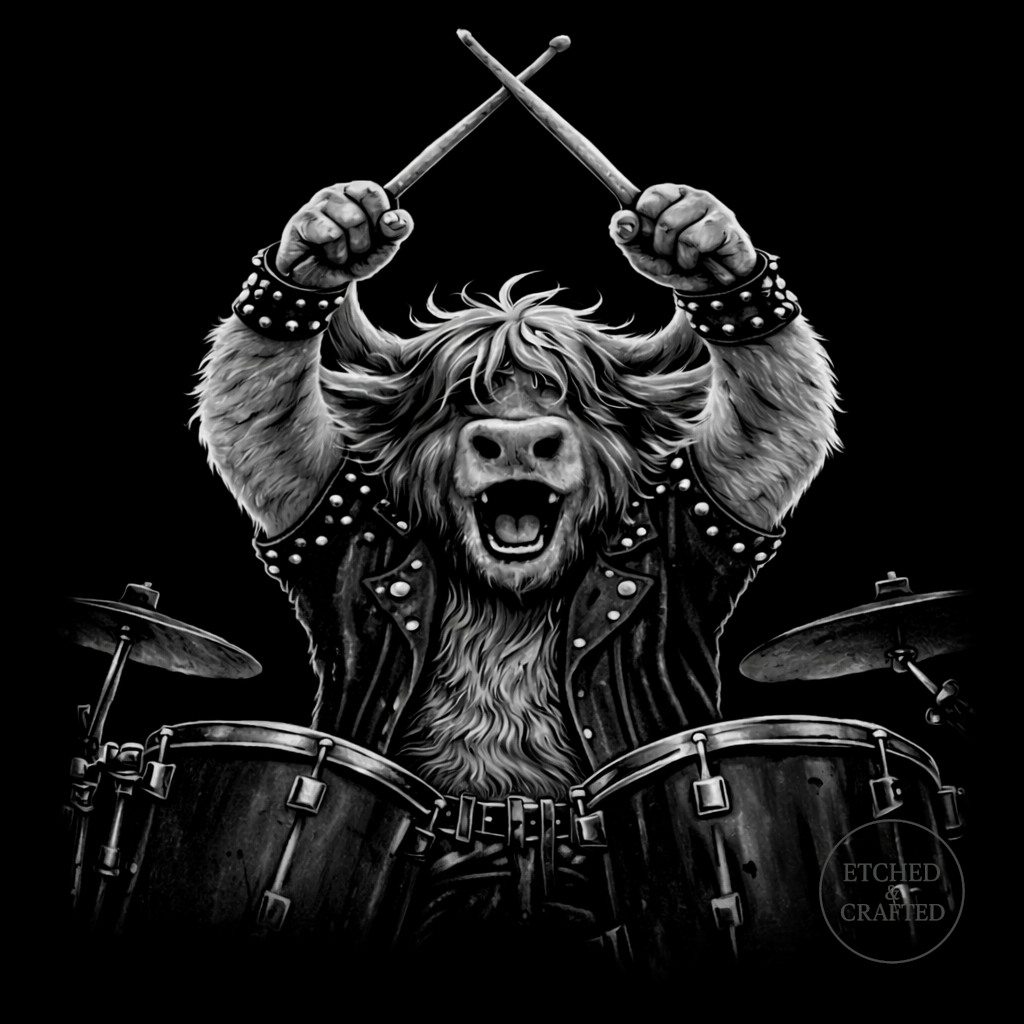 Rock Highland Cow Slate Coaster – Hamish the Drummer