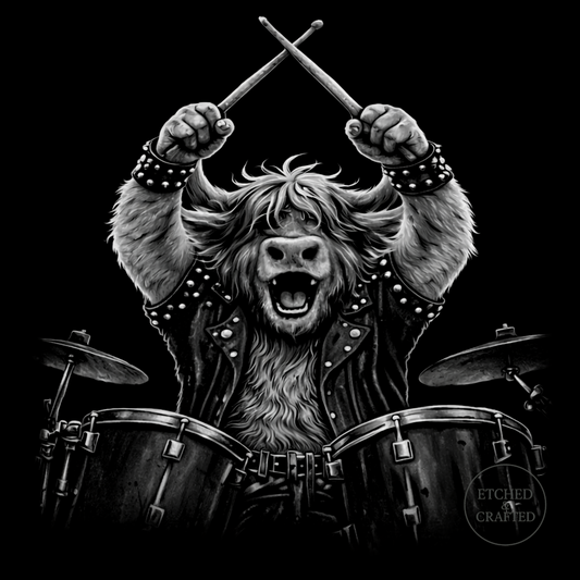 Rock Highland Cow Slate Coaster – Hamish the Drummer