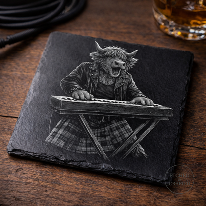 Rock Highland Cow Slate Coaster – Fraser the Keyboard Player