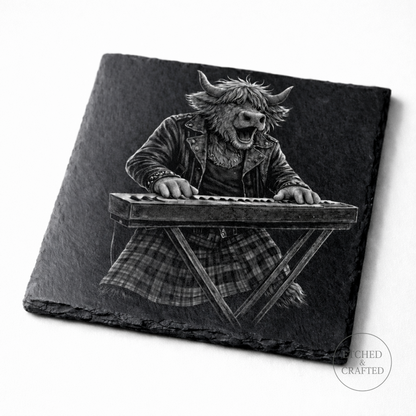 Rock Highland Cow Slate Coaster – Fraser the Keyboard Player