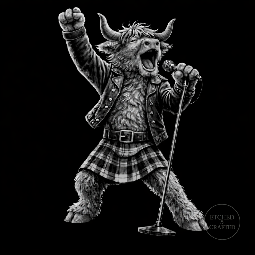 Rock Highland Cow Slate Coaster – Lachlan the Lead Singer