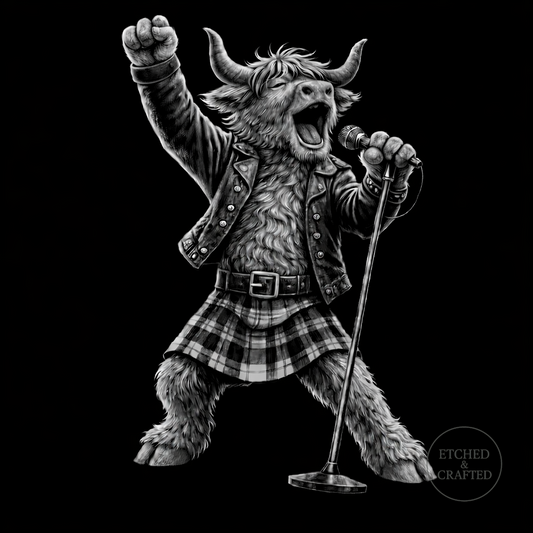 Rock Highland Cow Slate Coaster – Lachlan the Lead Singer