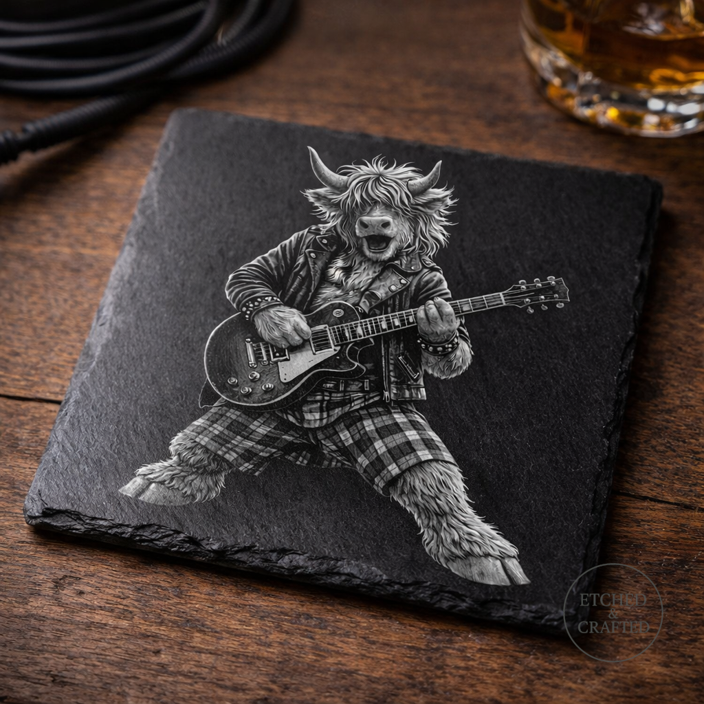 Rock Highland Cow Slate Coaster – Angus the Lead Guitarist