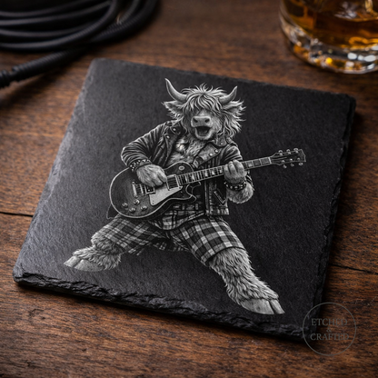 Rock Highland Cow Slate Coaster – Angus the Lead Guitarist