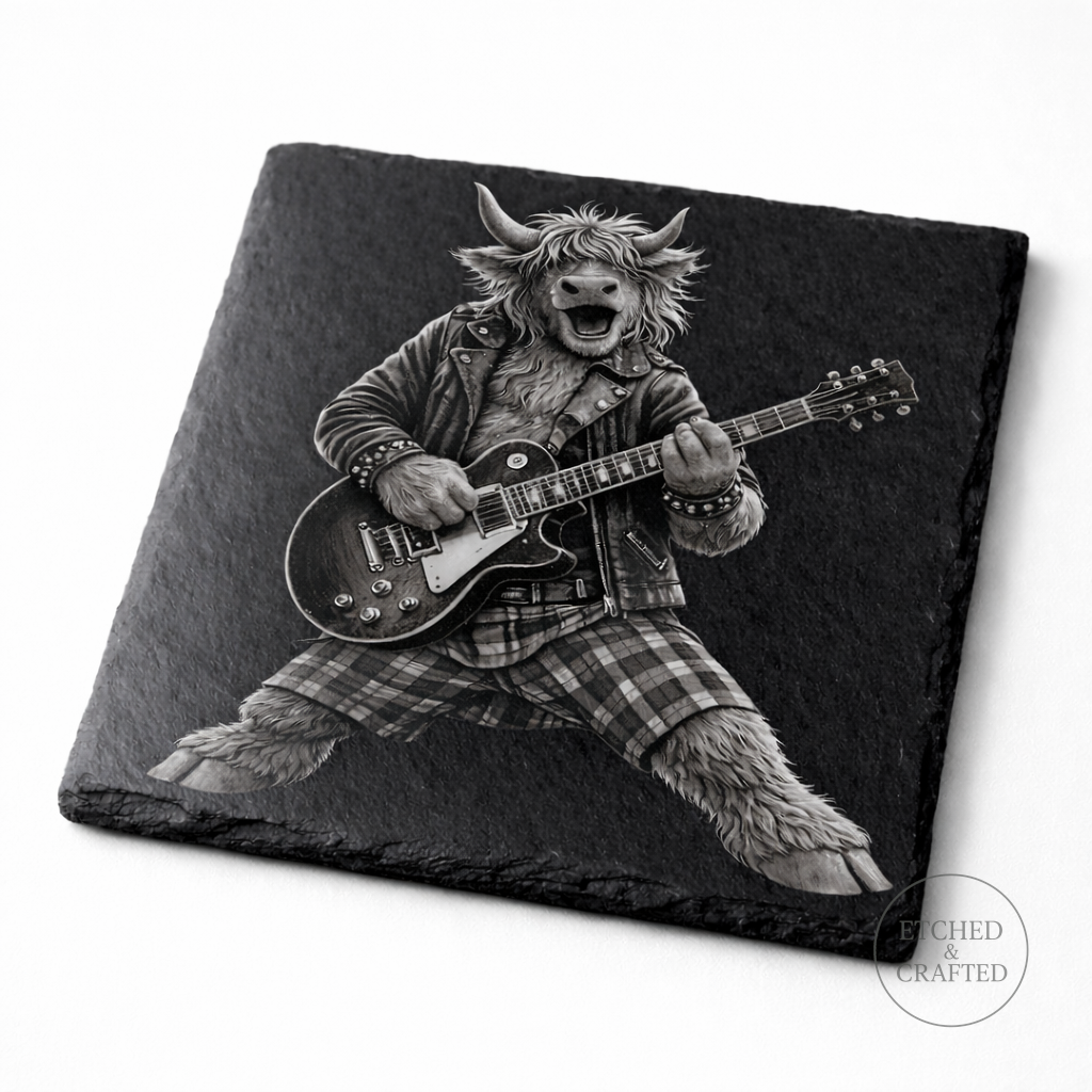 Rock Highland Cow Slate Coaster – Angus the Lead Guitarist