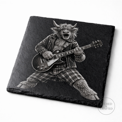Rock Highland Cow Slate Coaster – Angus the Lead Guitarist