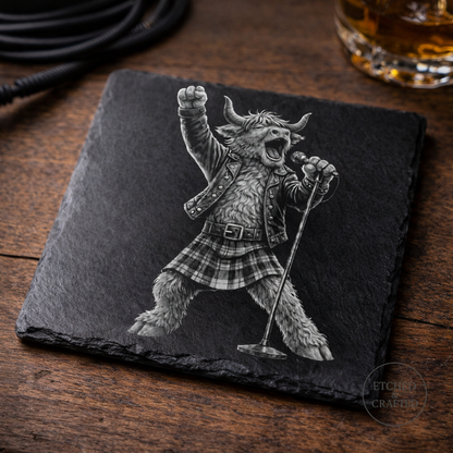 Rock Highland Cow Slate Coaster – Lachlan the Lead Singer