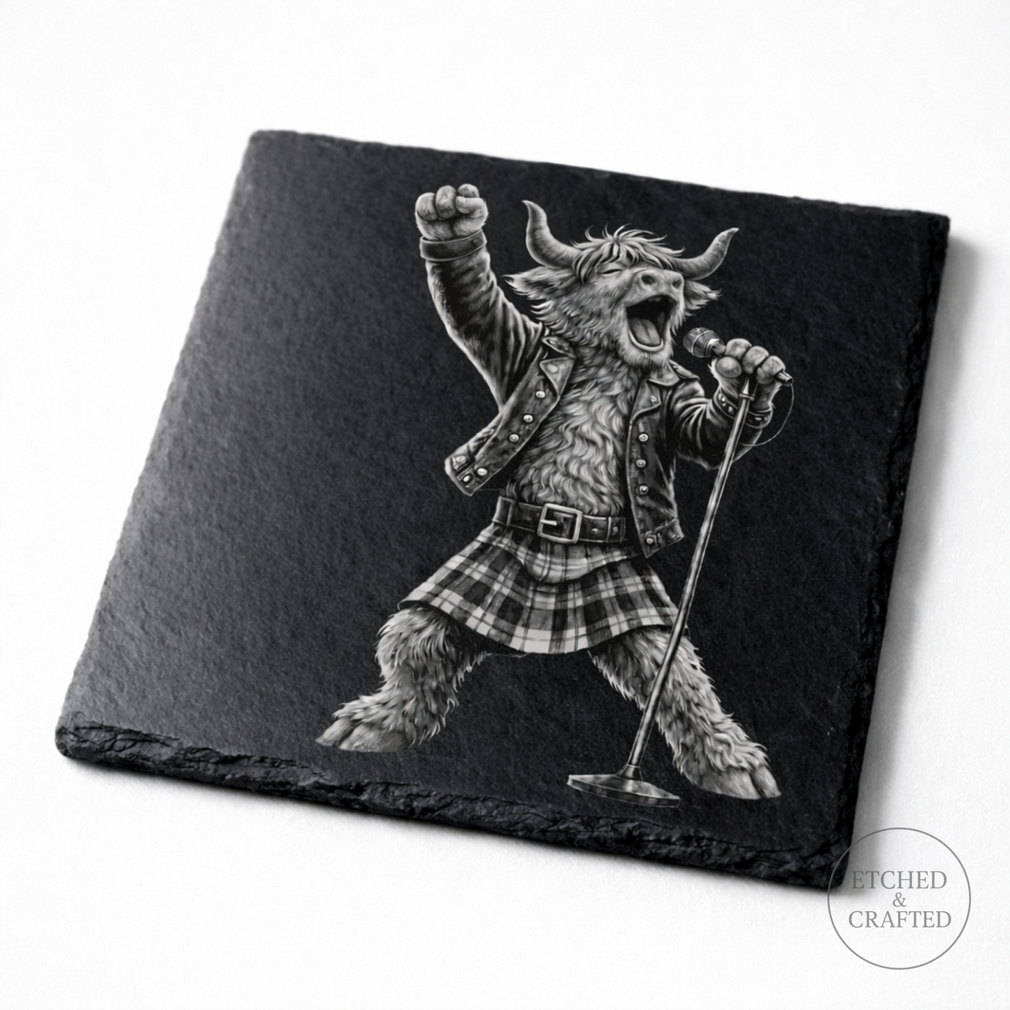 Rock Highland Cow Slate Coaster – Lachlan the Lead Singer